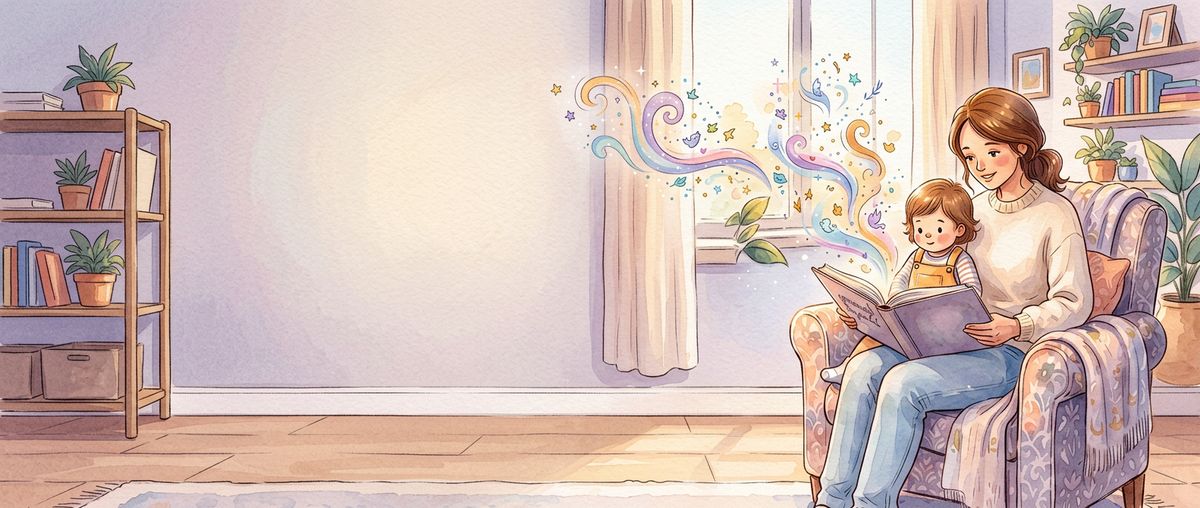 A parent and child reading a magical storybook together in an armchair